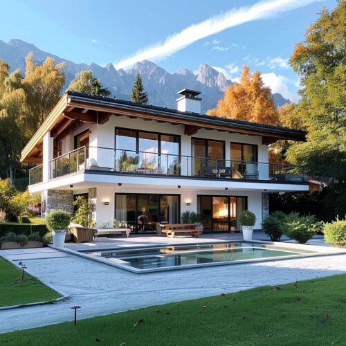 Modernes zweistöckiges Haus in Österreich mit großem Garten und Pool, umgeben von Bergen im Herbst.