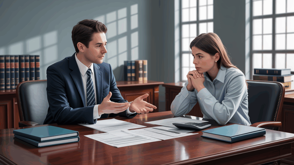 Ein Steuerberater spricht mit einer besorgten Frau über finanzielle Dokumente – Thema: Warum Steuern und Schulden gerade jetzt ein großes Thema sind